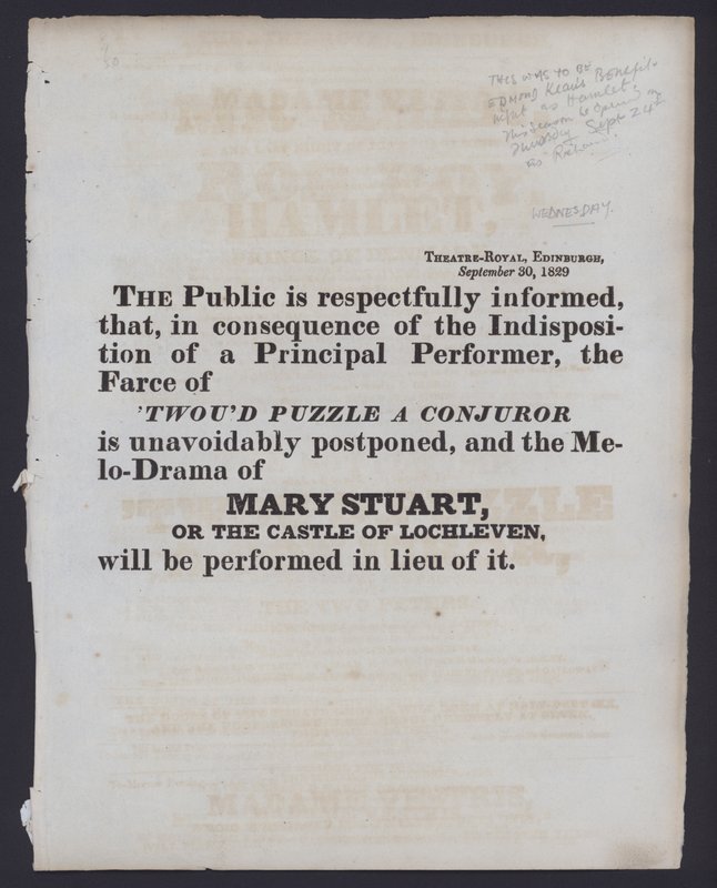 Avviso di un cambiamento nello spettacolo programmato al Theatre Royal, Edimburgo, 30 settembre 1829 da Scottish School