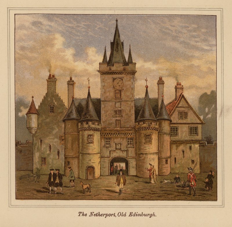 Il Netherport, Vecchia Edimburgo (litografia a colori) da Scottish School