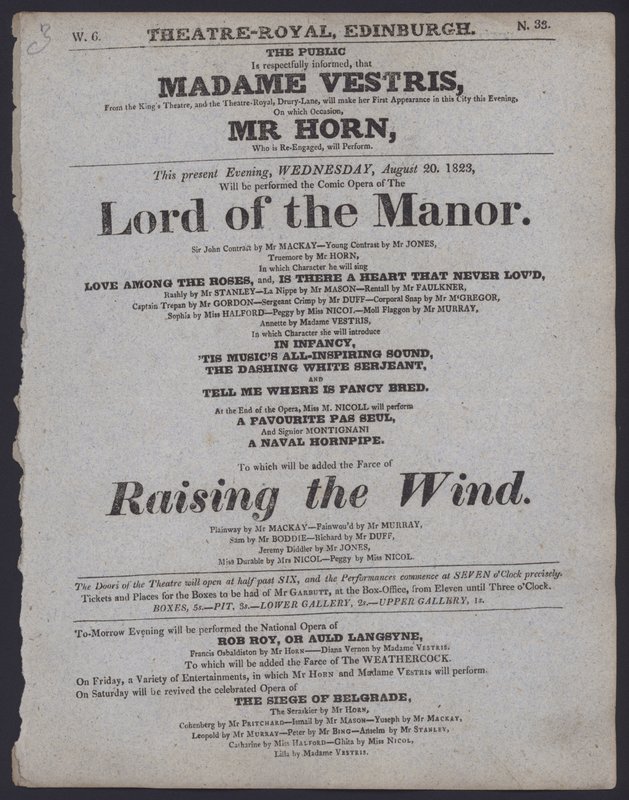 Programma teatrale per il Theatre Royal, Edimburgo, 20 agosto 1823 da Scottish School