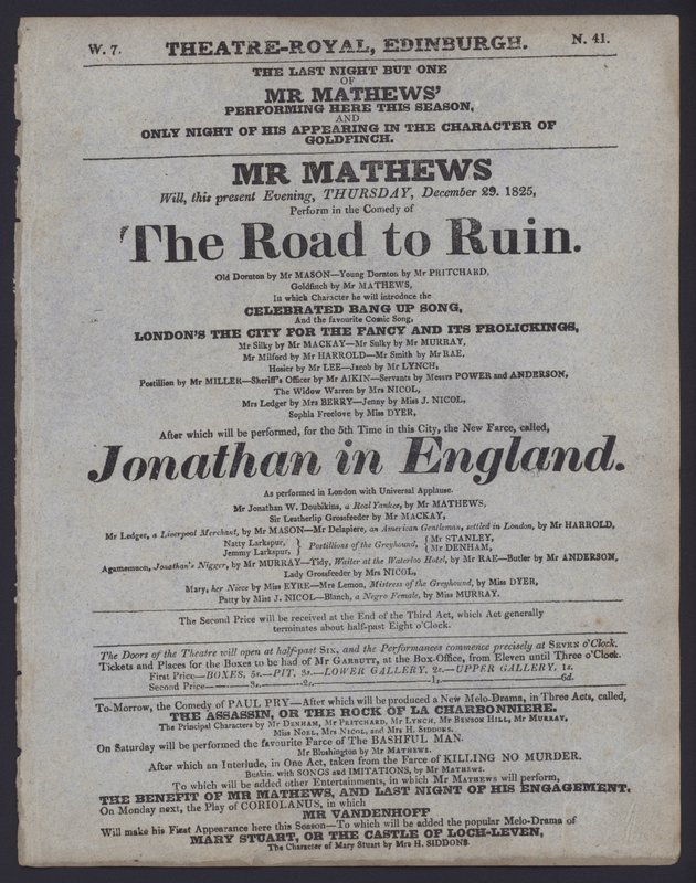 Programma teatrale per il Theatre Royal, Edimburgo, 29 dicembre 1825 da Scottish School