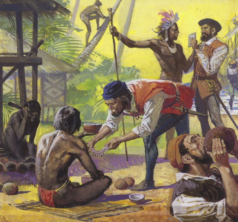 Gli uomini di Magellano incontrano nelle Filippine indigeni amichevoli e commerciano per ottenere cibo da Severino Baraldi