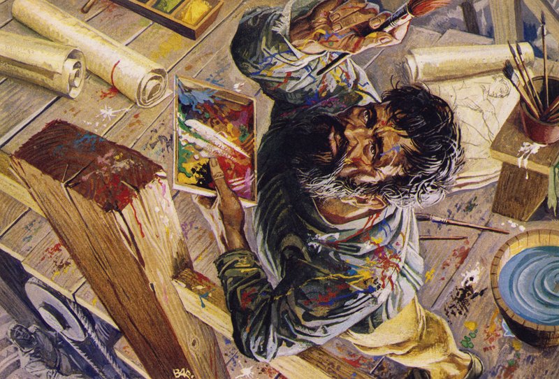 Michelangelo al lavoro sul soffitto della Cappella Sistina (litografia a colori) da Severino Baraldi