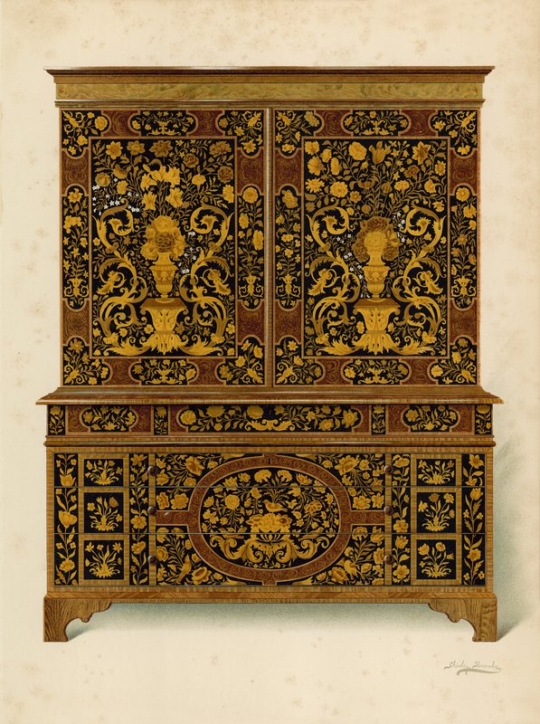 Stampa di un mobile intarsiato con marqueterie, proprietà del Marchese di Exeter da Shirley Charles Llewellyn Slocombe