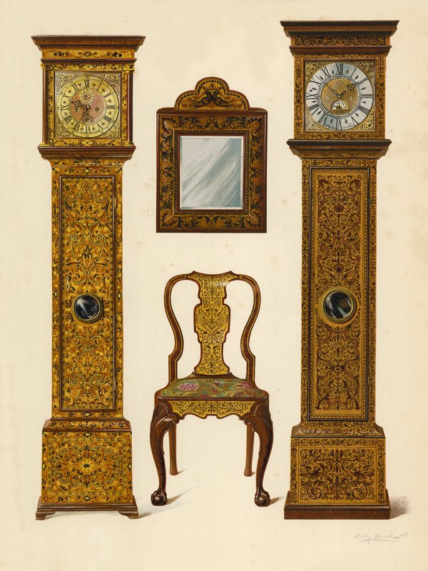 Orologio intarsiato con marqueterie chiara, proprietà di Percy Macquoid; Orologio intarsiato con marqueterie scura, Victoria and Albert Museum; Sedia in noce intarsiata con marqueterie; Specchio da Shirley Charles Llewellyn Slocombe