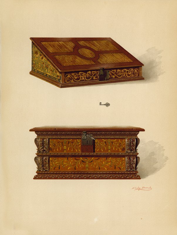 Scatola intarsiata in quercia, proprietà di Edward Quilter da Shirley Charles Llewellyn Slocombe