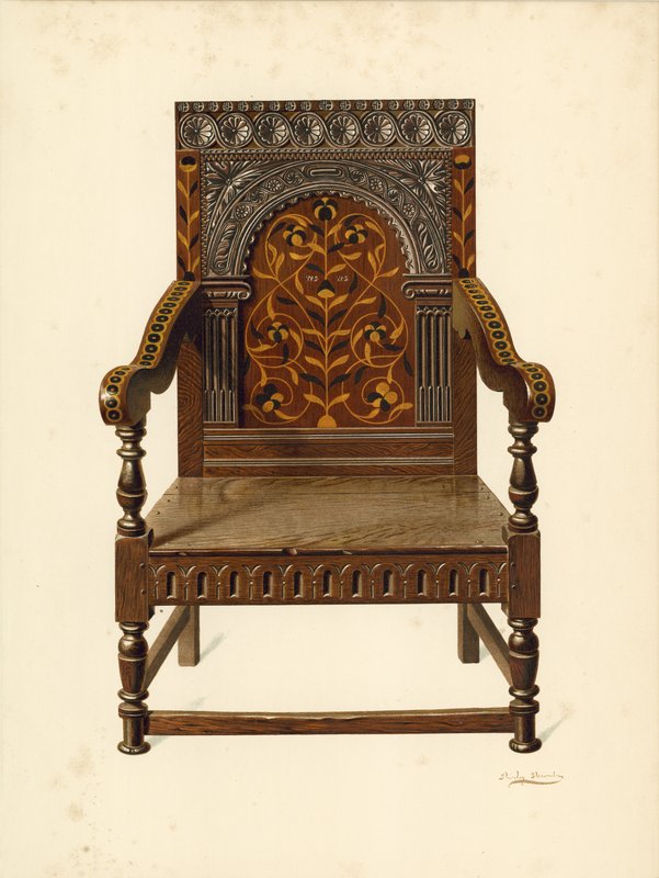 Sedia intarsiata di quercia, proprietà di Miss Dorothy Chune Fletcher da Shirley Charles Llewellyn Slocombe