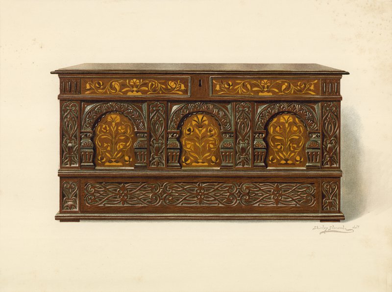 Cassapanca Intarsiata in Quercia, proprietà di Arthur James da Shirley Charles Llewellyn Slocombe