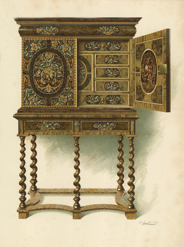Armadio di noce intarsiato con marqueterie, proprietà di The Hon Charlotte Maria Lady North e R Eden Dickson (cromolitografia) da Shirley Charles Llewellyn Slocombe