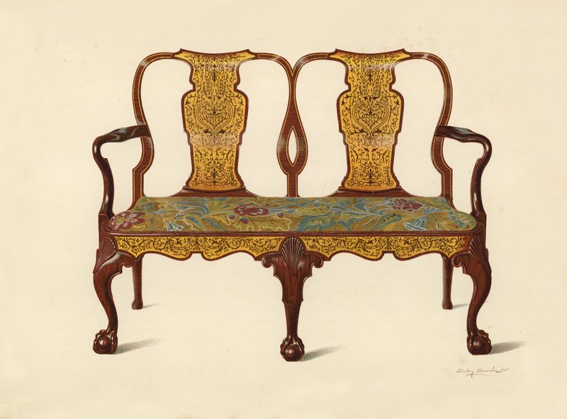 Divano in noce intarsiato con marqueterie, proprietà di Percy Macquoid da Shirley Charles Llewellyn Slocombe