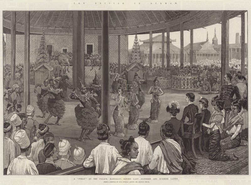 Gli inglesi in Birmania, un Pooay al Palazzo, Mandalay, davanti a Lady Dufferin e alle signore birmane da Sidney Paget