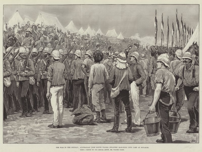 La guerra in Sudan, la fanteria australiana (Nuovo Galles del Sud) marcia verso il campo a Souakim da Sidney Paget