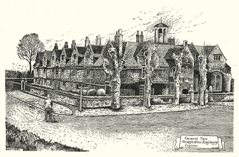 Vista generale, case di carità di Hungerford, Corsham (incisione) da Sidney Heath