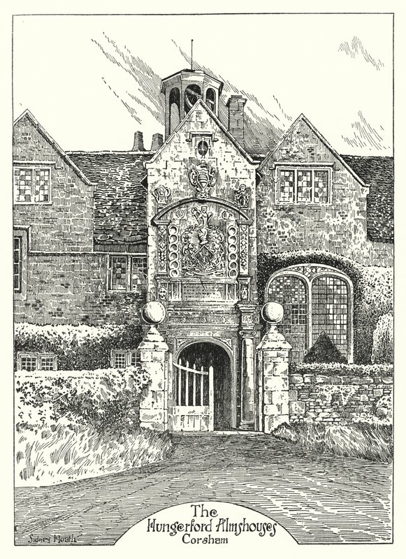Le case di riposo di Hungerford, Corsham (incisione) da Sidney Heath