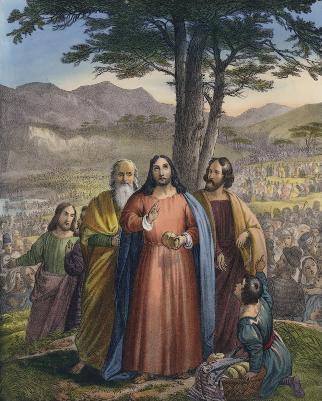 Cristo nutre la moltitudine (incisione colorata) da Siegfried Detler Bendixen