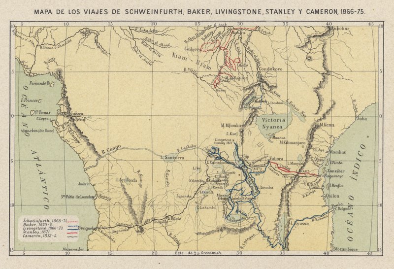 Mappa che mostra i viaggi degli esploratori Georg August Schweinfurth, Samuel Baker, David Livingstone, Henry Morton Stanley e Verney Lovett Cameron in Africa da Spanish School