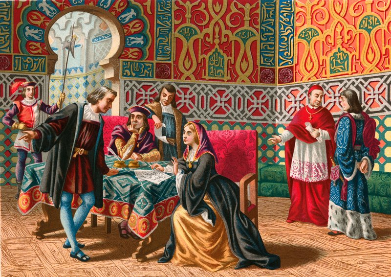 Incontro tra Colombo e Ferdinando e Isabella prima del viaggio di scoperta da Spanish School