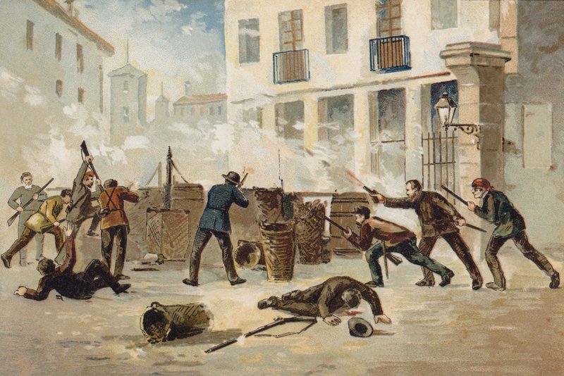 Membri della Milizia Nazionale a Valencia che rifiutano di disarmarsi, Spagna, 1873 da Spanish School
