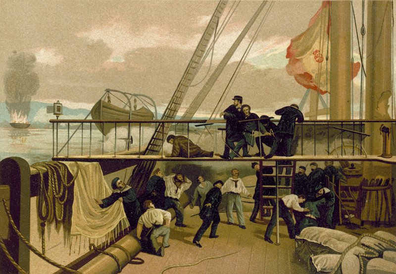 Mendez Nunez ferito durante il bombardamento di Callao, Perù, 1866 da Spanish School