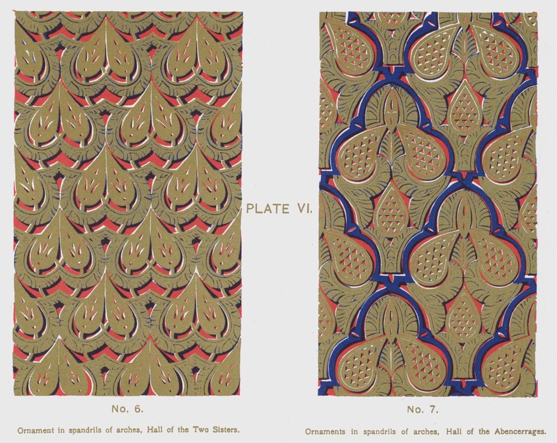 Ornamento negli spandrel degli archi, Sala delle Due Sorelle, Ornamenti negli spandrel degli archi, Sala degli Abencerrages (litografia a colori) da Spanish School