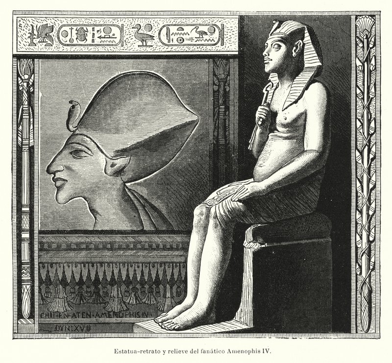 Statua seduta e rilievo del faraone egizio Akhenaton (Amenhotep IV) da Spanish School