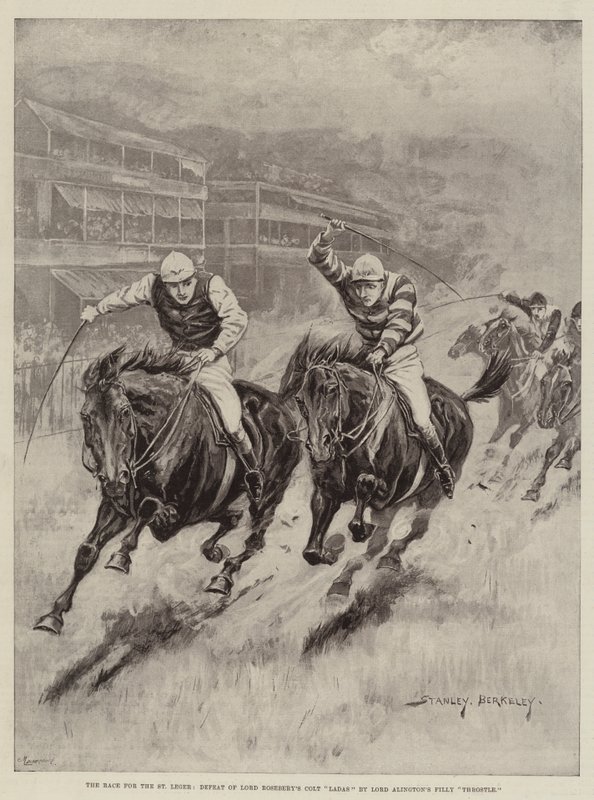 La corsa per il St Leger, sconfitta del puledro di Lord Rosebery Ladas dalla puledra di Lord Alington Throstle da Stanley Berkeley