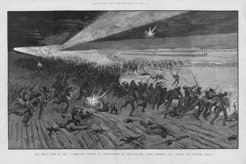 La Battaglia di Alexandrovno, scena di battaglia immaginata in una guerra tra Russia e Germania utilizzando la luce elettrica per illuminare il campo di battaglia di notte da Stanley L. (after) Wood