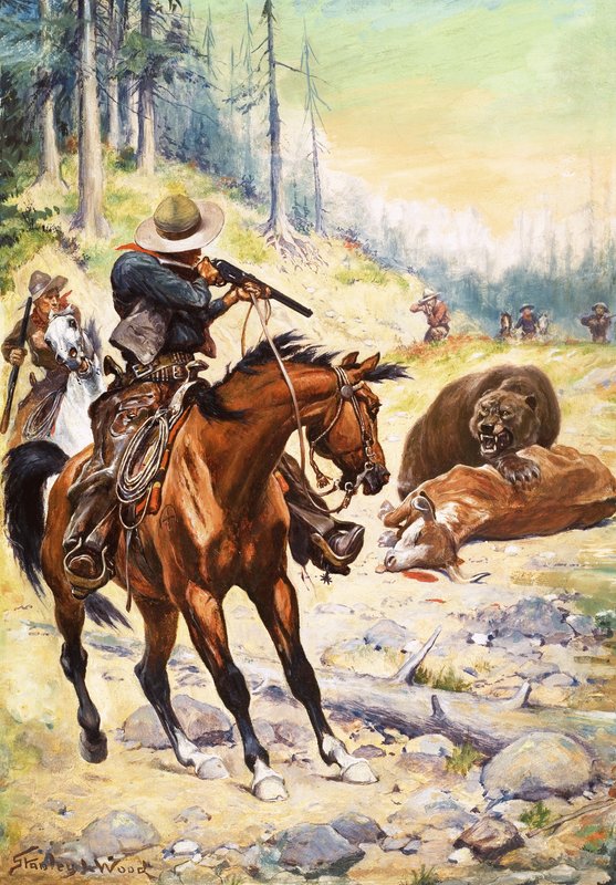 Cowboy Americani Circondano un Orso Accovacciato sul Corpo di una Mucca da Stanley L. Wood