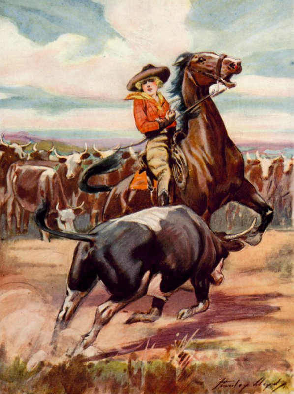 Scena da At the Mercy of Brigands: una cowgirl a cavallo viene caricata da un grosso manzo (litografia a colori) da Stanley Lloyd