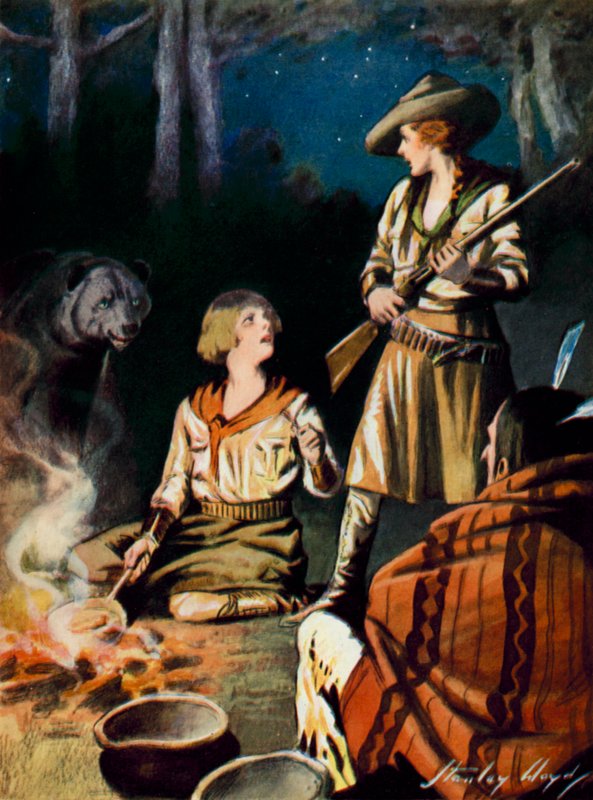 Scena tratta da La gratitudine di Grande Orso: un orso si avvicina a un fuoco da campo (litografia a colori) da Stanley Lloyd