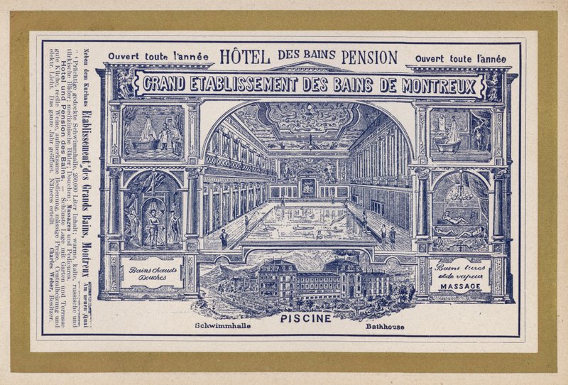 Pubblicità per il Grand Etablissement Des Bains De Montreux (incisione) da Swiss School