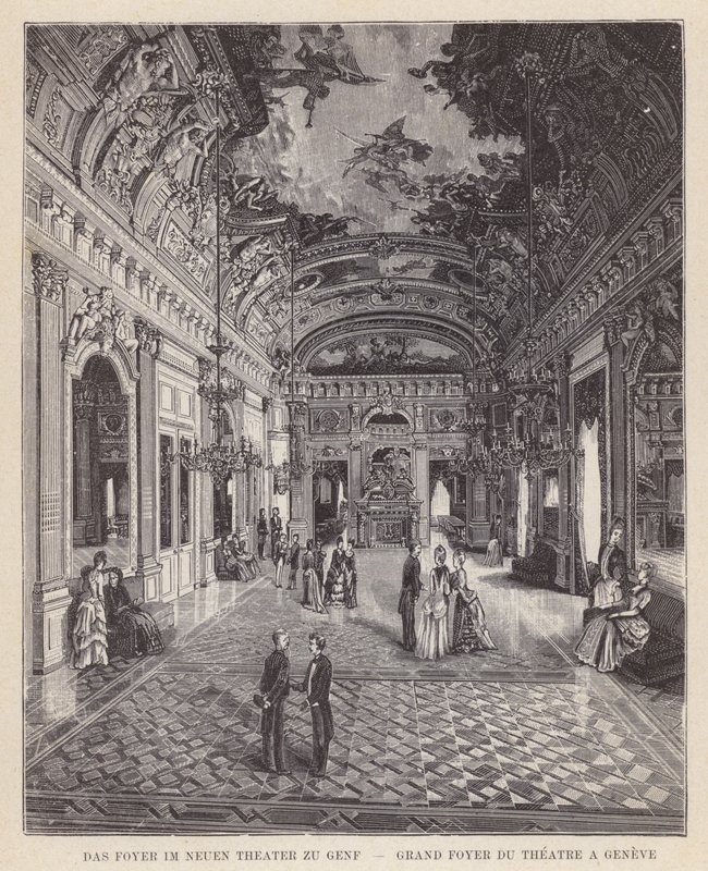 Il foyer del nuovo teatro di Ginevra (incisione) da Swiss School