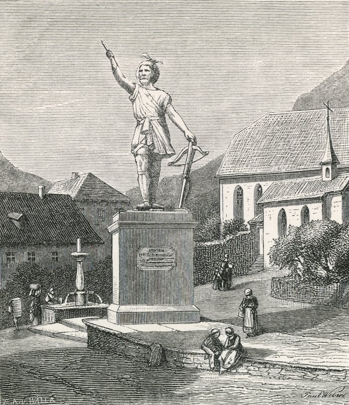 Statua di Tell ad Altorf, vicino al luogo dove si dice abbia colpito la mela sulla testa del figlio da Swiss School