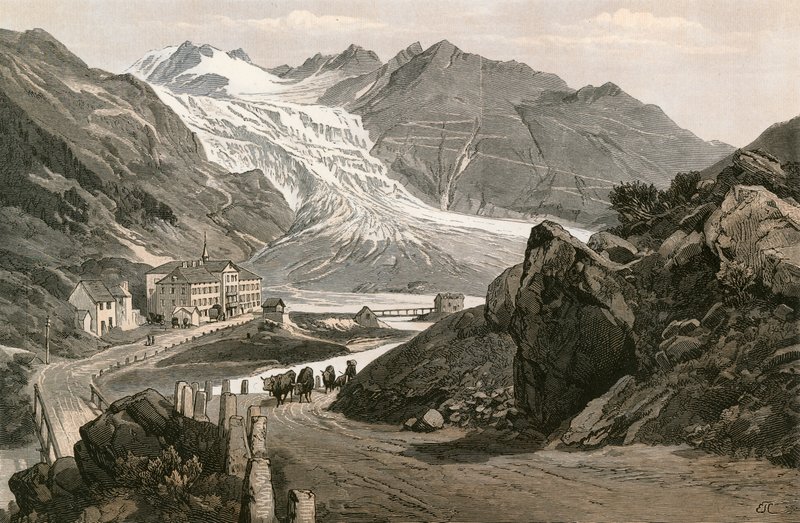 La parte inferiore del ghiacciaio del Rodano e la strada per il Furka da Swiss School