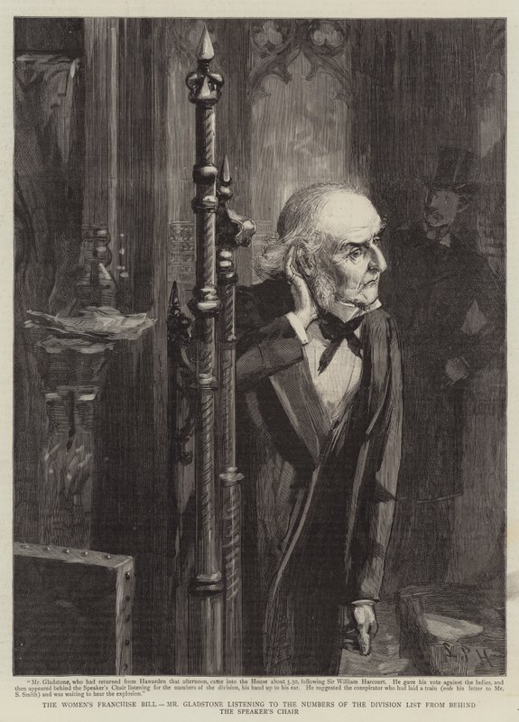 Il disegno di legge sul suffragio femminile, Mr Gladstone ascolta i numeri della lista di divisione dietro la sedia dello Speaker da Sydney Prior (after) Hall