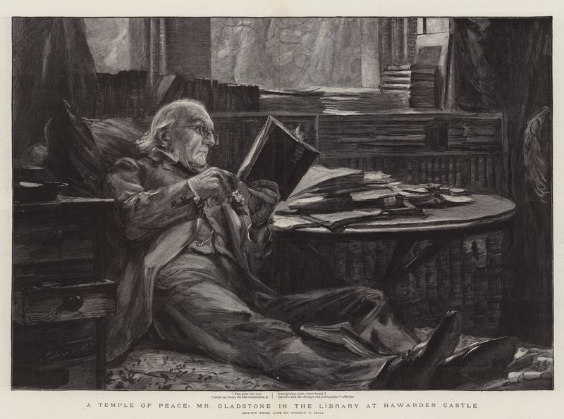 Un Tempio della Pace, Mr Gladstone nella Biblioteca del Castello di Hawarden da Sydney Prior Hall