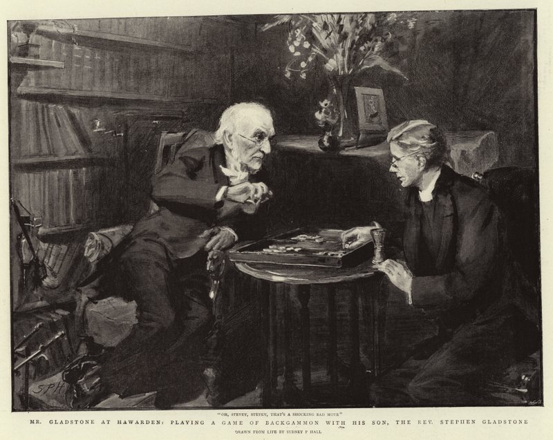 Mr Gladstone a Hawarden, che gioca a backgammon con suo figlio, il reverendo Stephen Gladstone da Sydney Prior Hall