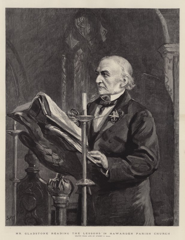 Mr Gladstone che legge le lezioni nella Chiesa Parrocchiale di Hawarden da Sydney Prior Hall