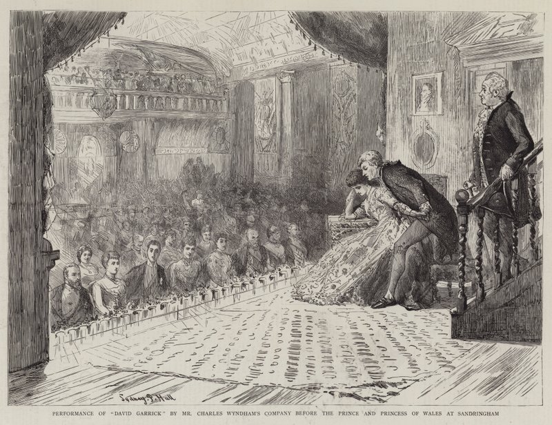 Performance di David Garrick dalla compagnia di Mr Charles Wyndham davanti al Principe e alla Principessa del Galles a Sandringham da Sydney Prior Hall
