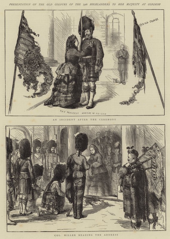 Presentazione dei vecchi colori del 79° Highlanders a Sua Maestà a Osborne da Sydney Prior Hall
