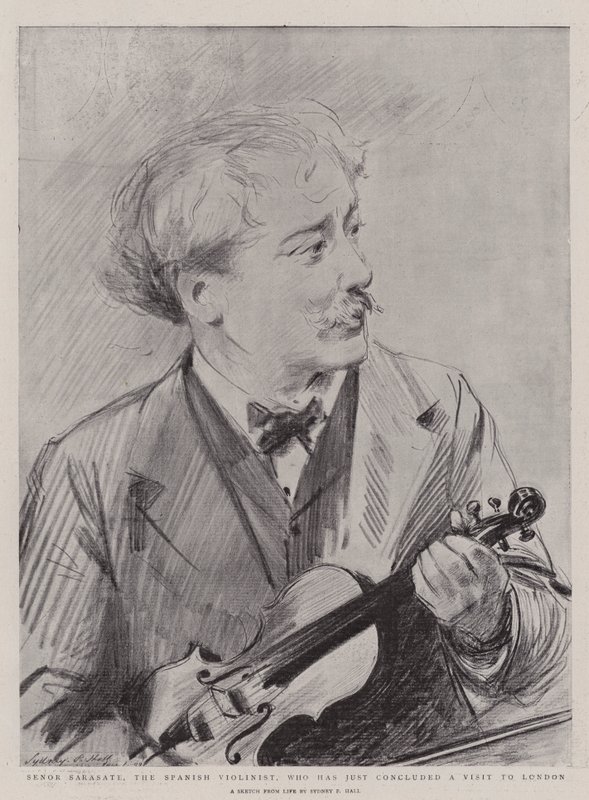 Senor Sarasate, il violinista spagnolo, che ha appena concluso una visita a Londra da Sydney Prior Hall