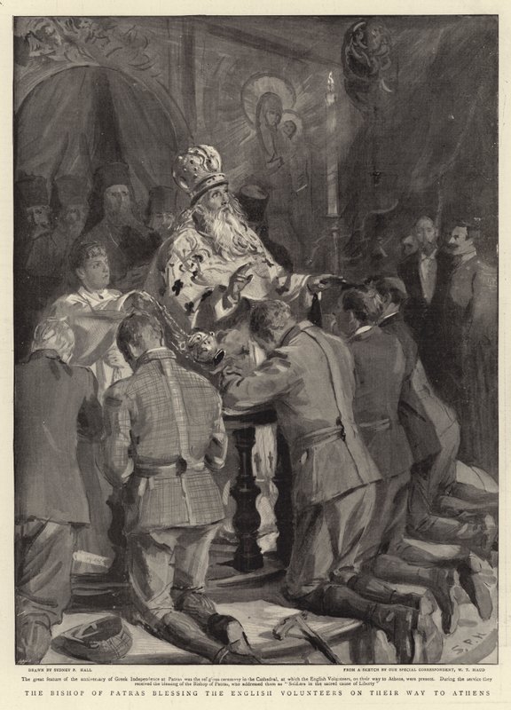 Il vescovo di Patrasso benedice i volontari inglesi in viaggio verso Atene da Sydney Prior Hall