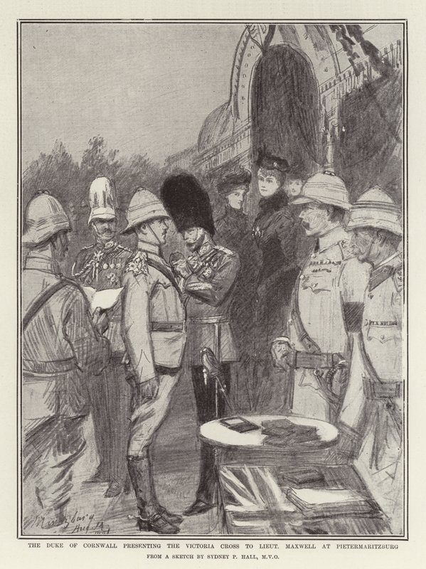 Il Duca di Cornovaglia presenta la Victoria Cross al tenente Maxwell a Pietermaritzburg da Sydney Prior Hall