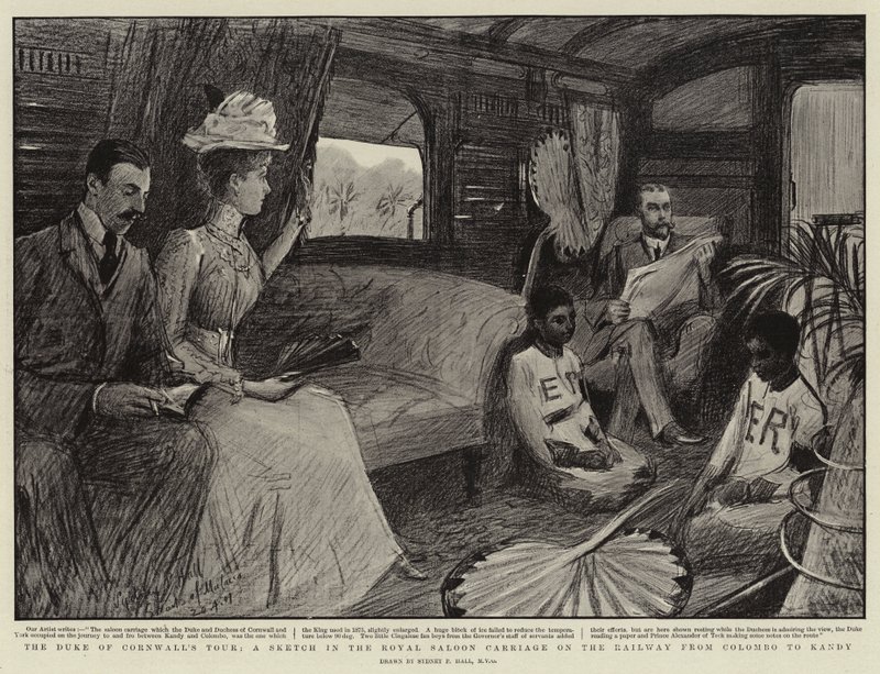 Il Tour del Duca di Cornovaglia, uno Schizzo nel Vagone Reale sulla Ferrovia da Colombo a Kandy da Sydney Prior Hall
