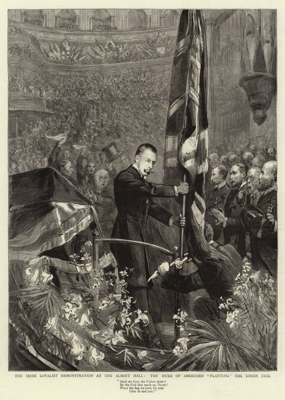 La dimostrazione lealista irlandese alla Albert Hall, il Duca di Abercorn pianta la Union Jack da Sydney Prior Hall