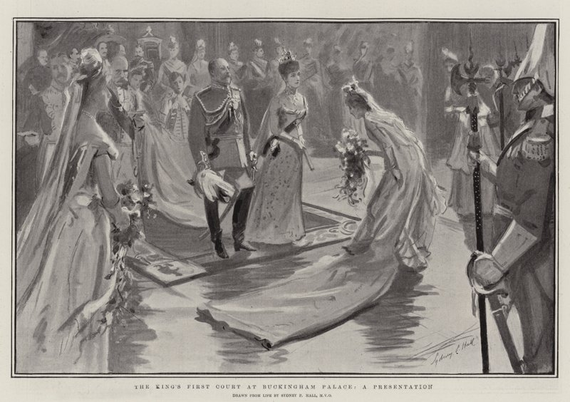 La prima corte del re a Buckingham Palace, una presentazione da Sydney Prior Hall