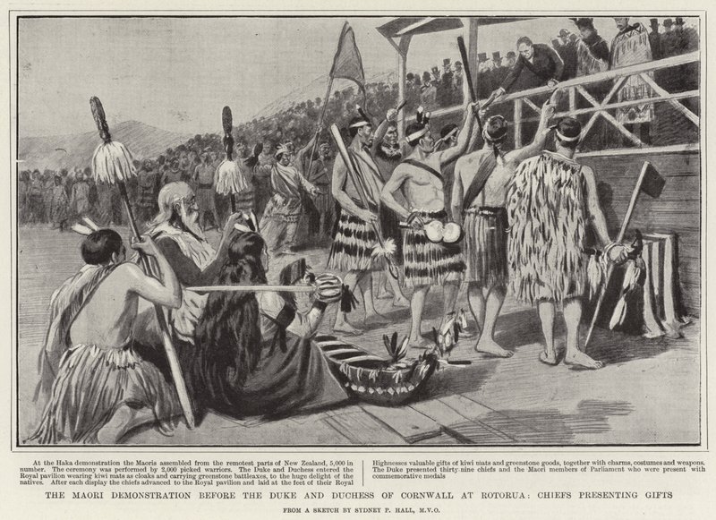 La dimostrazione Maori davanti al Duca e alla Duchessa di Cornovaglia a Rotorua, Capi che presentano doni da Sydney Prior Hall