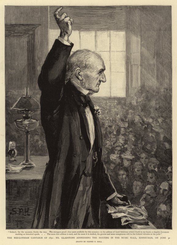 La campagna di Mid-Lothian del 1892, Mr Gladstone che si rivolge al pubblico nella Music Hall di Edimburgo, il 30 giugno da Sydney Prior Hall