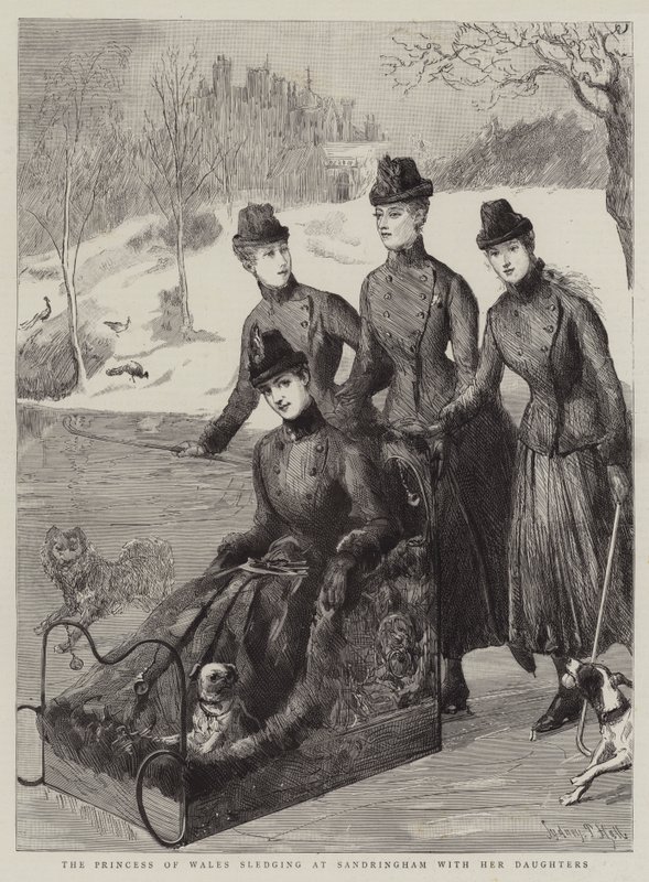 La principessa del Galles in slitta a Sandringham con le sue figlie da Sydney Prior Hall