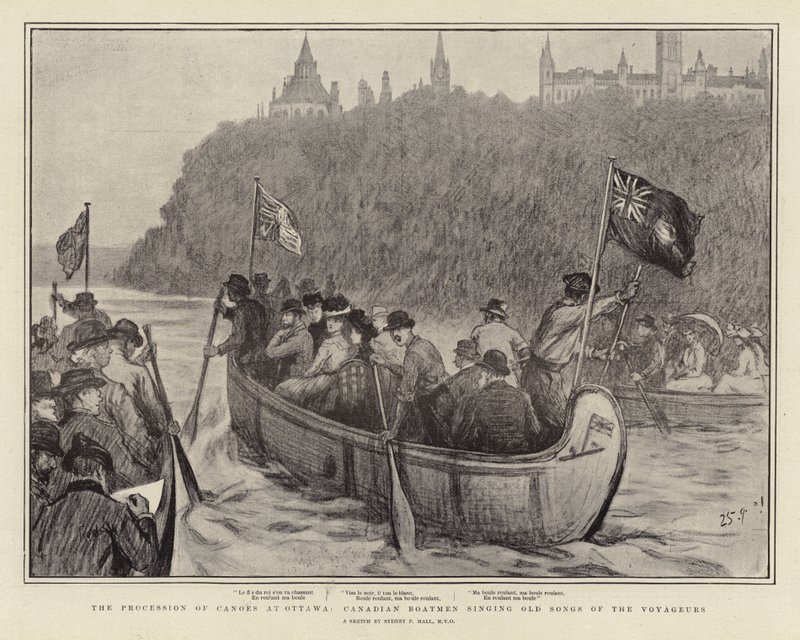La processione delle canoe a Ottawa, i barcaioli canadesi cantano vecchie canzoni dei voyageurs da Sydney Prior Hall