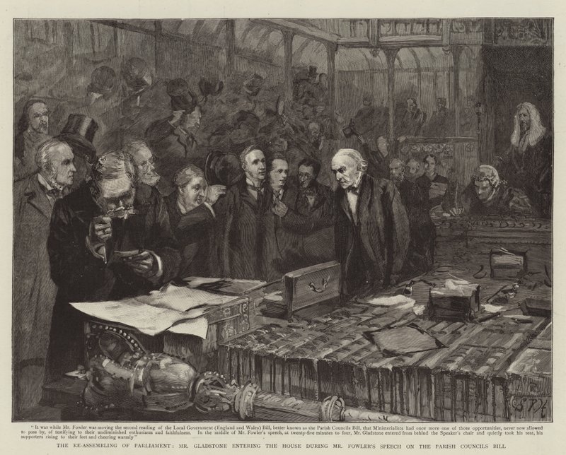 La riunione del Parlamento, Mr. Gladstone entra alla Camera durante il discorso di Mr. Fowler sul Parish Councils Bill da Sydney Prior Hall